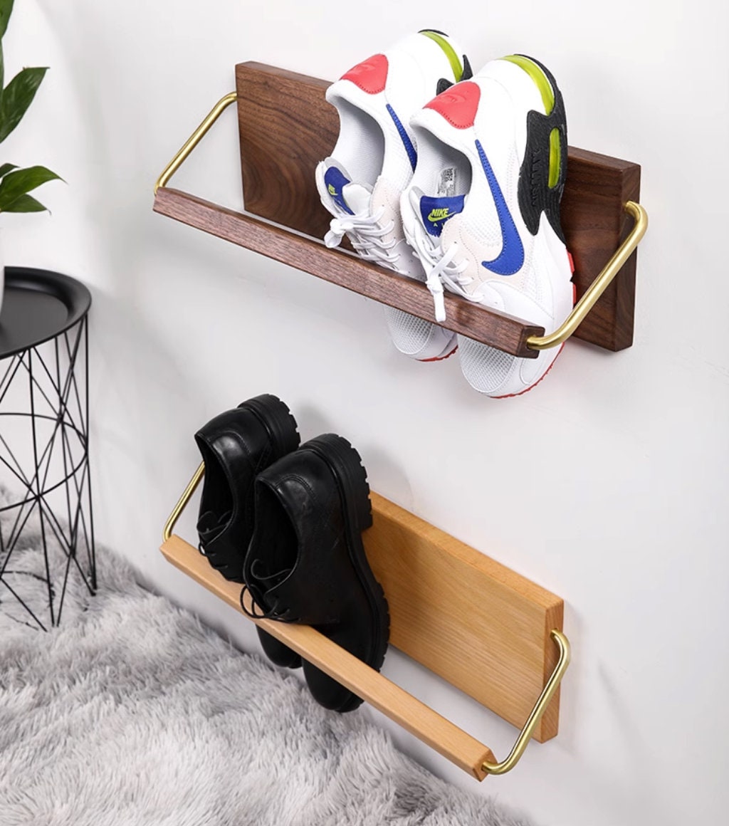 Wooden shoe rack, wall mounted entryway shoe rack, entryway organization for shoes, wall shoe shelf, walnut wood shoe storage