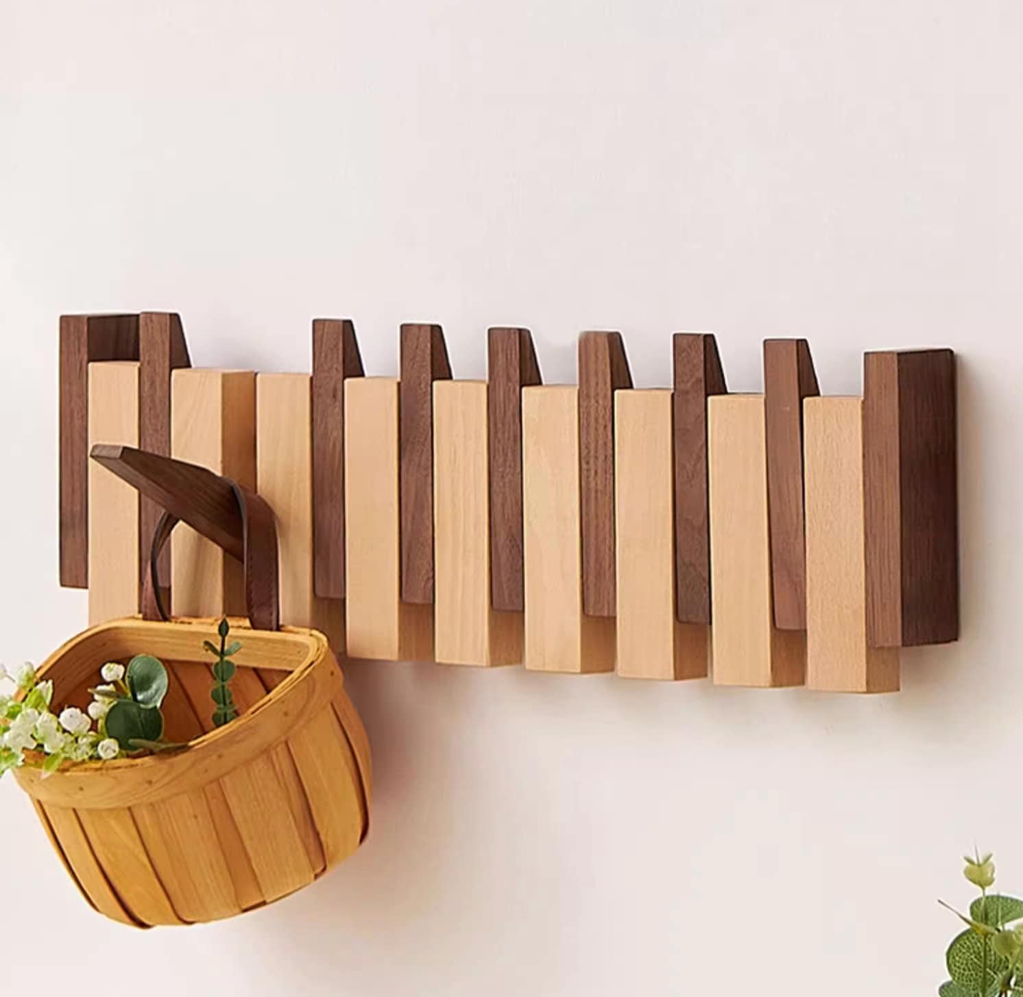 Natural walnut and beech wood wall mounted hanger, modern wooden coat hanger, flip down wall hook rack