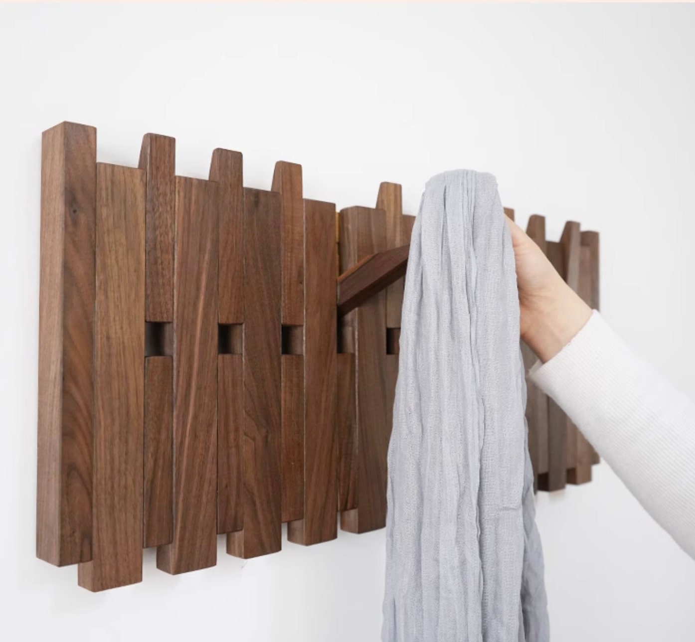 Wood functional wall rack, wall mounted wooden rack, wall walnut rack, modern entry unique rack, wall mounted organizer