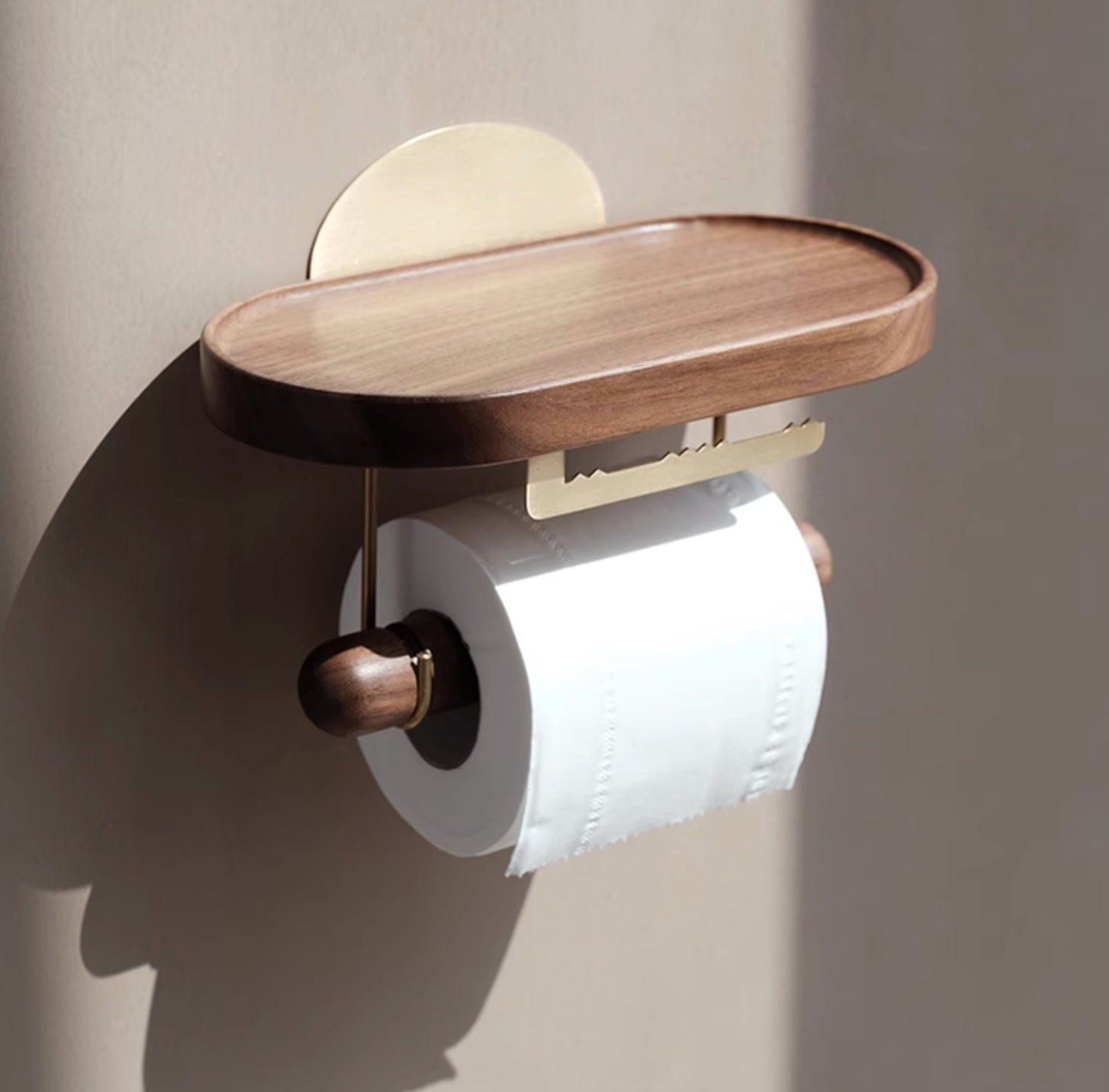 Toilet roll holder with cutter, wall mounted tissue holder with phone case, walnut toilet paper, wooden tissue paper organizer