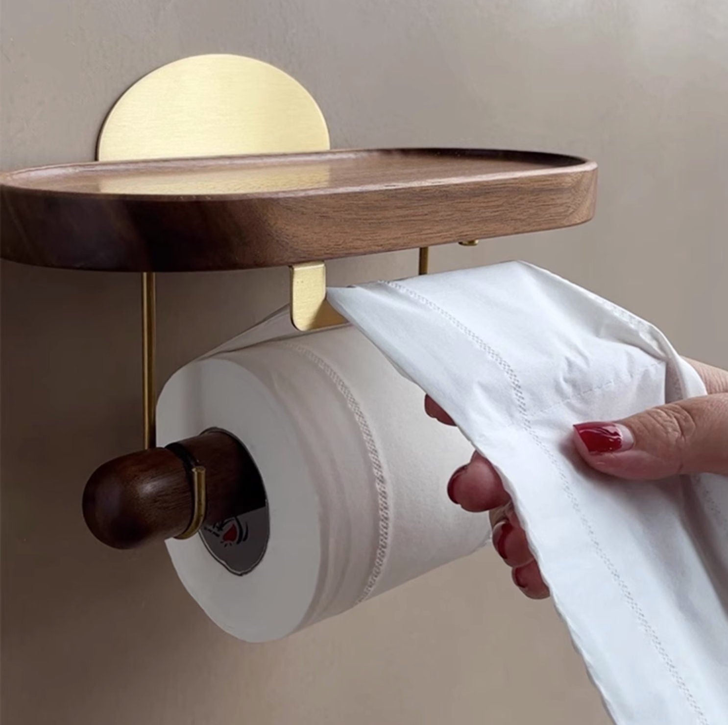 Toilet roll holder with cutter, wall mounted tissue holder with phone case, walnut toilet paper, wooden tissue paper organizer