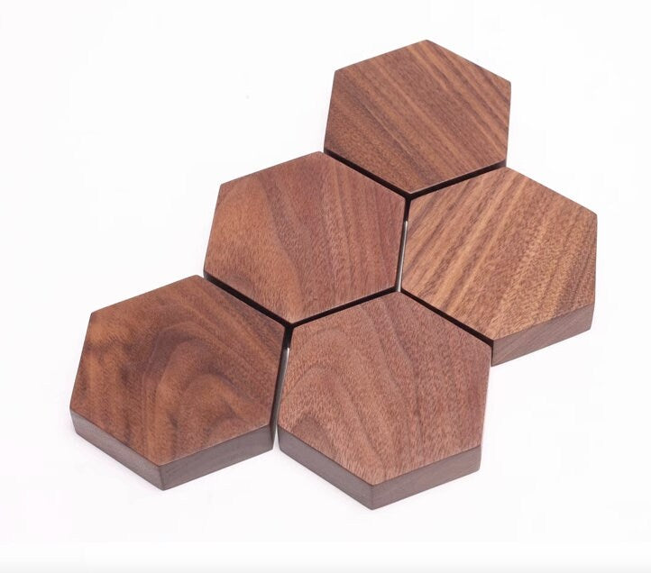 Wooden magnetic hexagon knife strip, geometric wall untensil organizer, walnut hanger for knives and tools