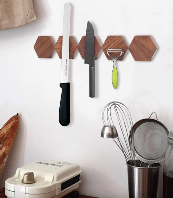 Wooden magnetic hexagon knife strip, geometric wall untensil organizer, walnut hanger for knives and tools