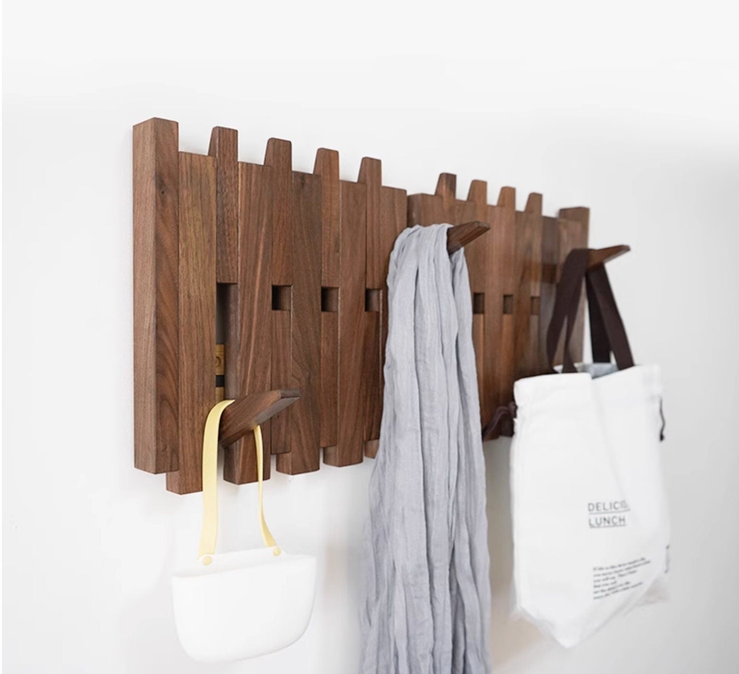 Wood functional wall rack, wall mounted wooden rack, wall walnut rack, modern entry unique rack, wall mounted organizer