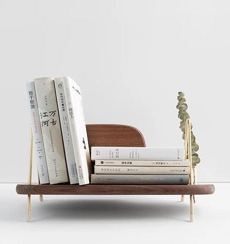 Wooden table bookends for living room and house furnishing, minimalistic bookend with plant, innovative wooden book stand, book storage rack