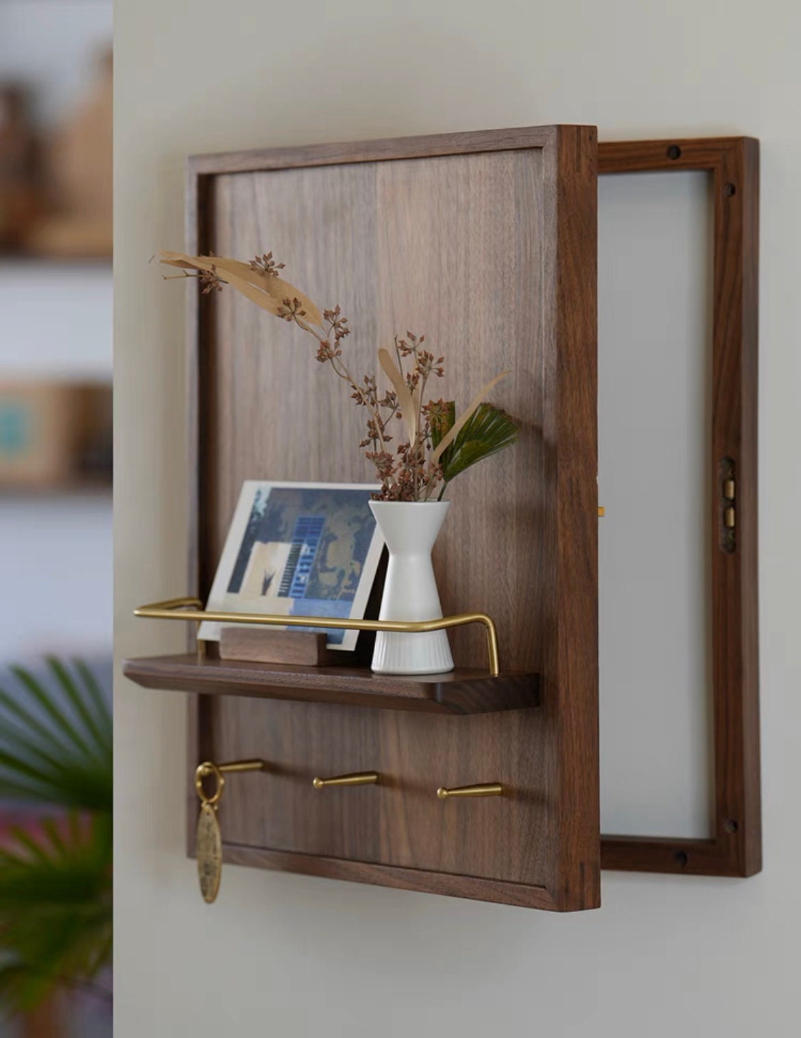 Walnut electricity meter box cover, wooden wall board with shelf, wooden switch box cover, key wall holder, key holder organizer