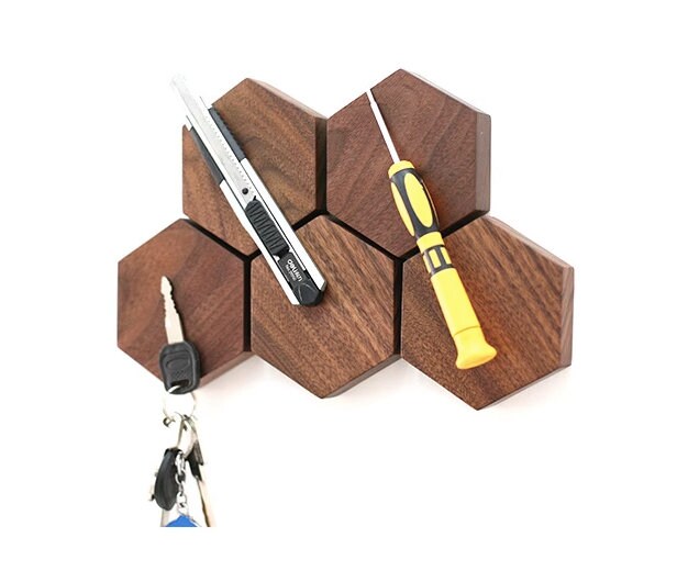 Wooden magnetic hexagon knife strip, geometric wall untensil organizer, walnut hanger for knives and tools