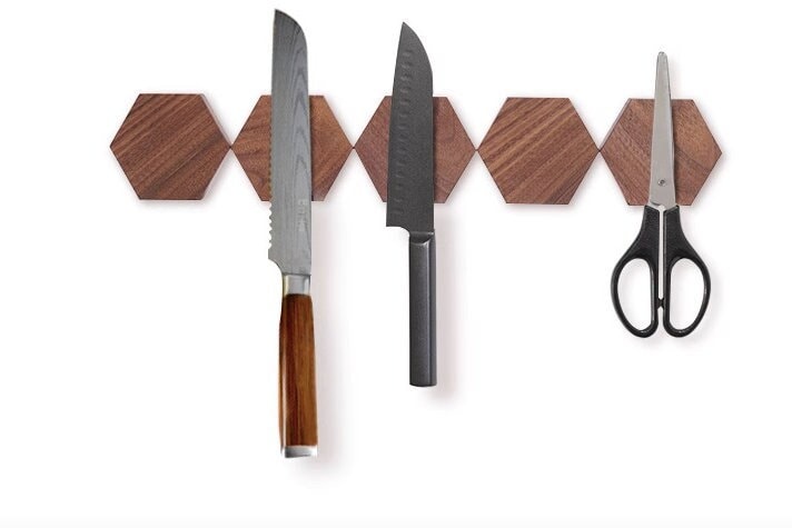 Wooden magnetic hexagon knife strip, geometric wall untensil organizer, walnut hanger for knives and tools