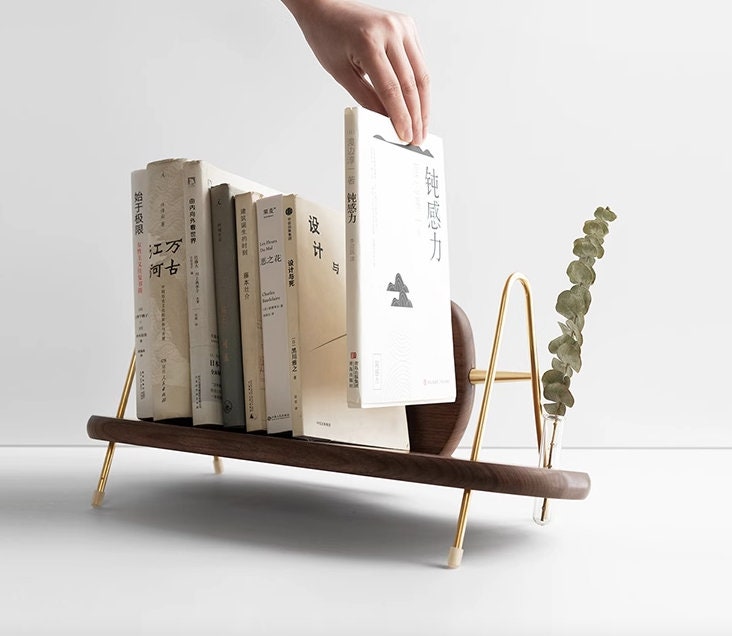 Wooden table bookends for living room and house furnishing, minimalistic bookend with plant, innovative wooden book stand, book storage rack