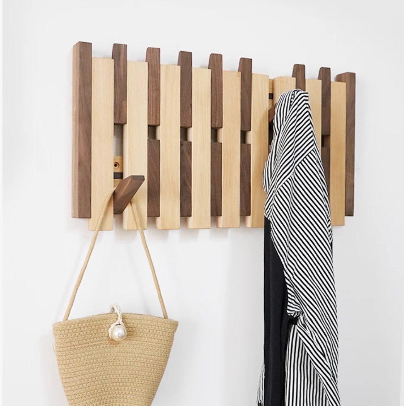 2 tier walnut beech wood wall rack, natural beech wood wall mounted rack, wall functional rack, modern entry unique rack