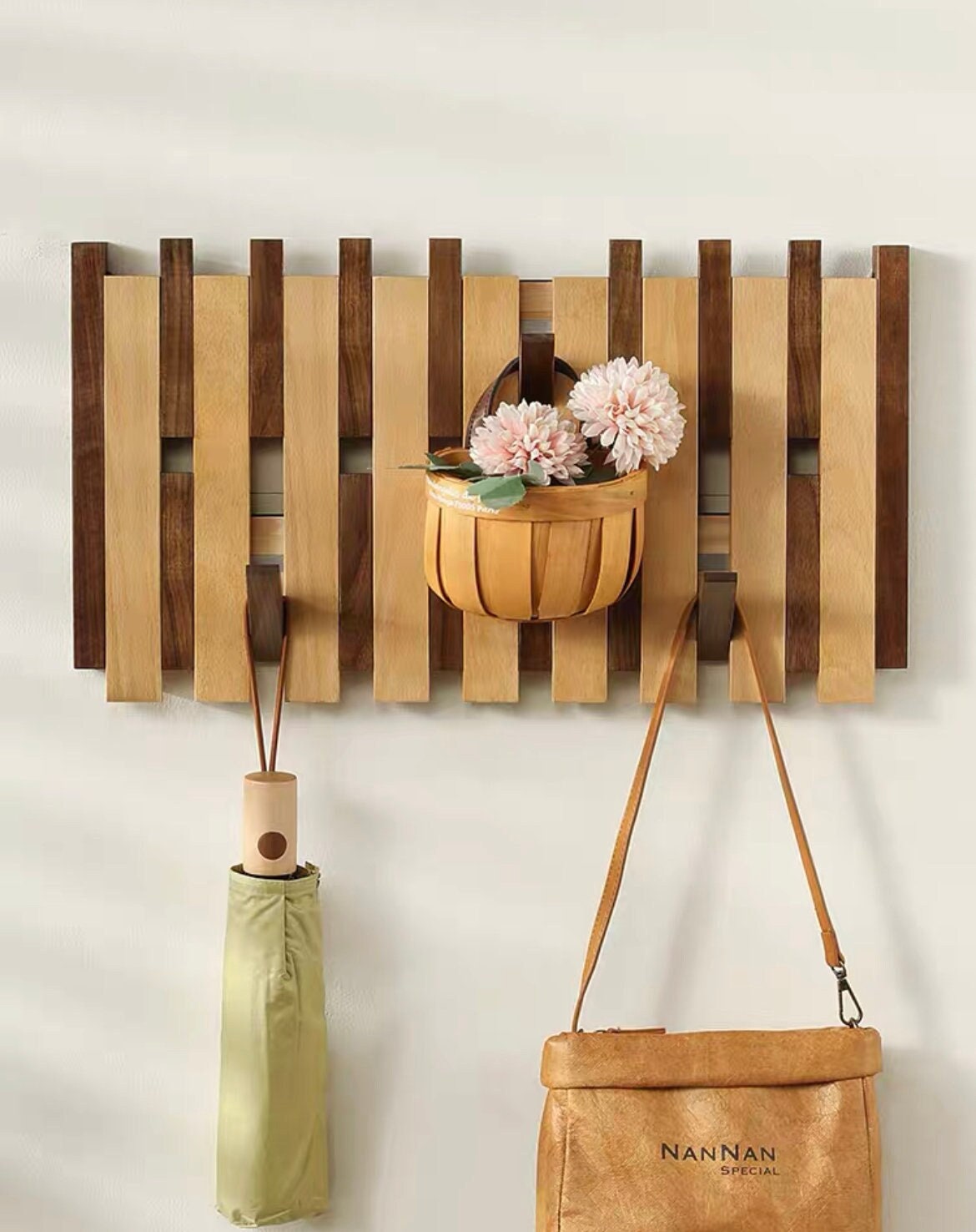 2 tier walnut beech wood wall rack, natural beech wood wall mounted rack, wall functional rack, modern entry unique rack