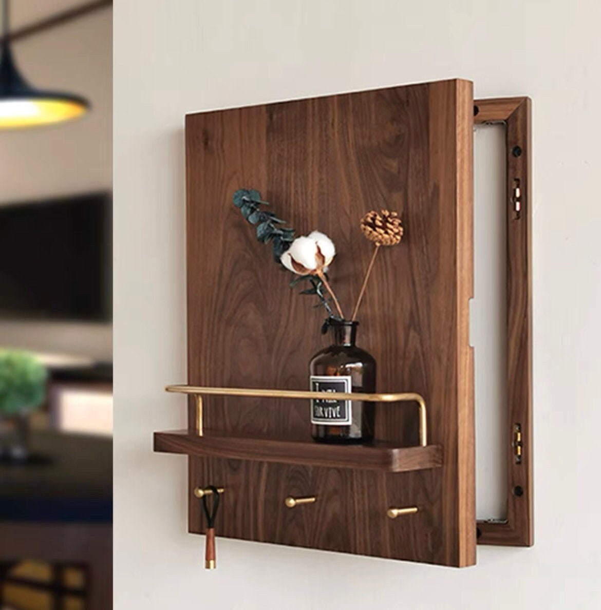 Walnut electricity meter box cover, wooden wall board with shelf, wooden switch box cover, key wall holder, key holder organizer