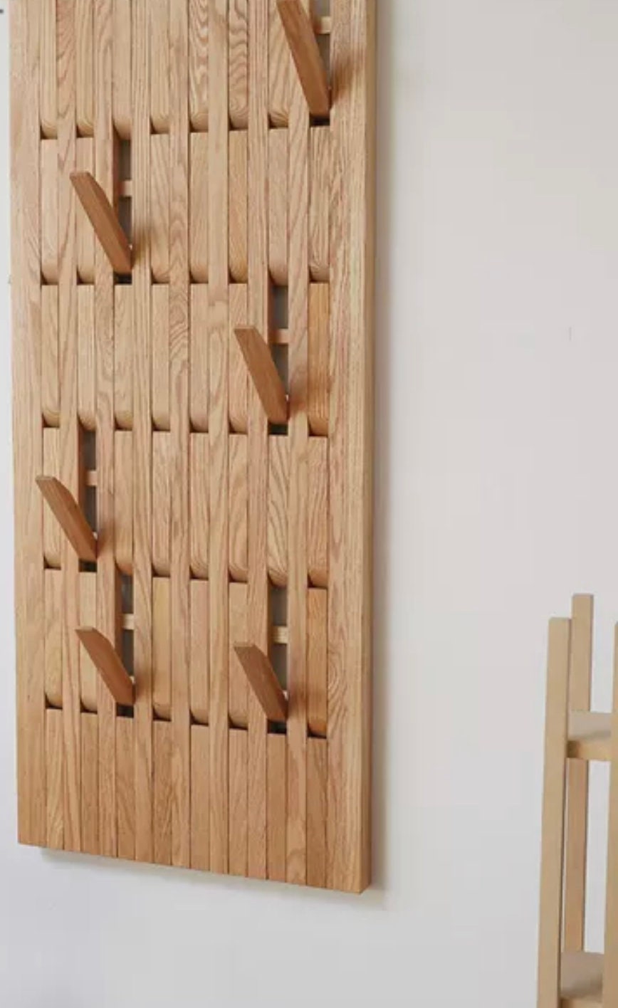 Oak wood functional wall rack, wall mounted organizer rack, natural oak wood coat rack modern unique rack for full wall