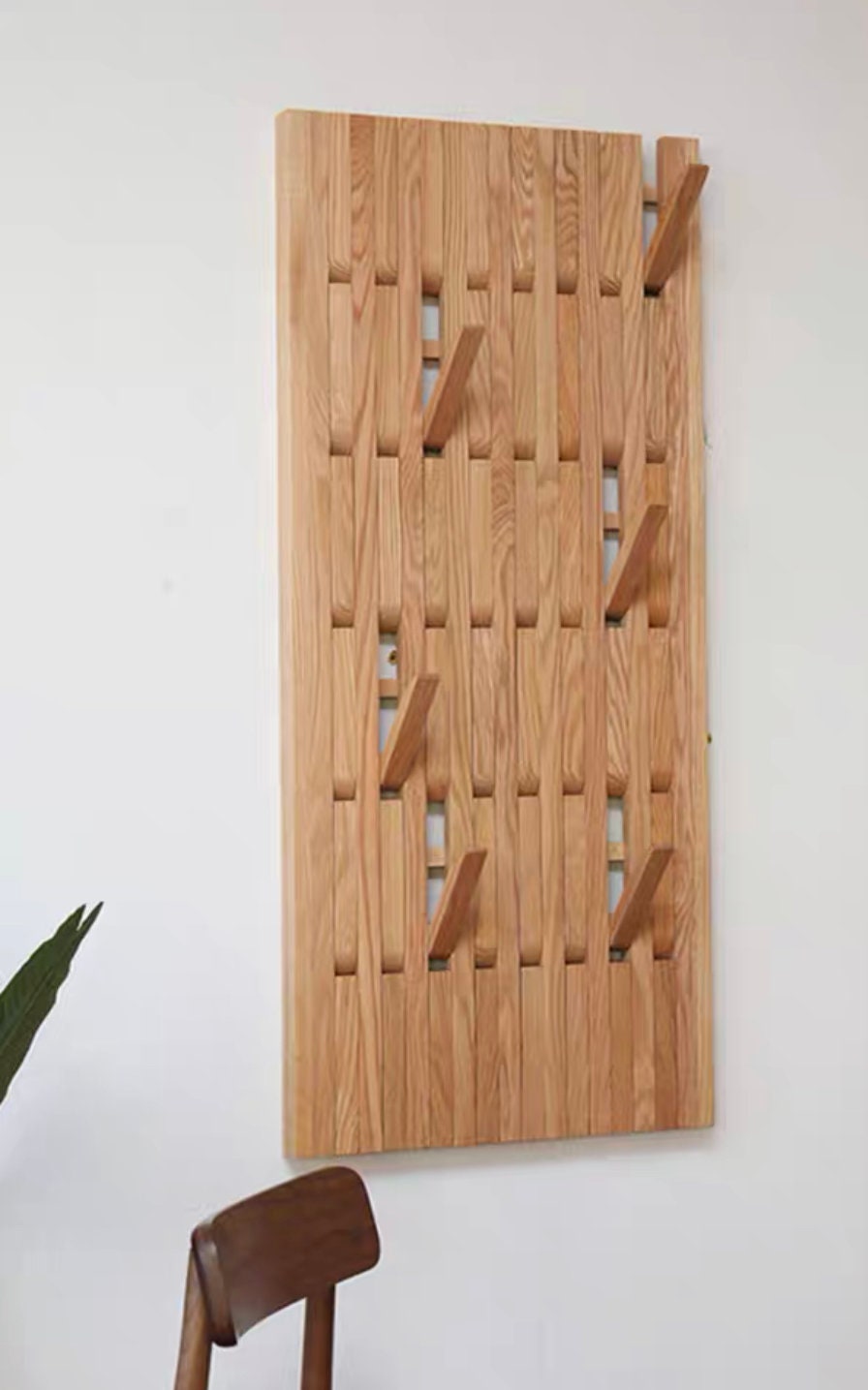 Oak wood functional wall rack, wall mounted organizer rack, natural oak wood coat rack modern unique rack for full wall