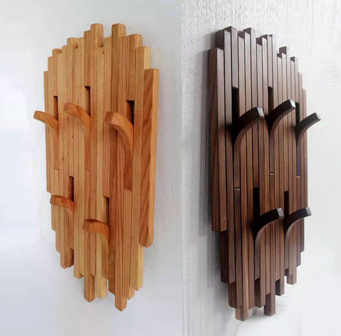 Decorative entryway wooden coat rack, wall art hook hanger, wall mount stick rack, multi rack solid natural walnut wood