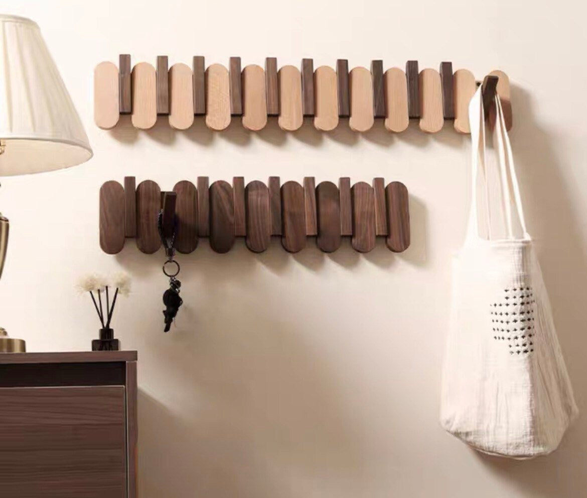 Wall rack in walnut and beech wood, flip down wall hook rack in natural walnut wood, piano rack hanger, wooden wall entryway organization