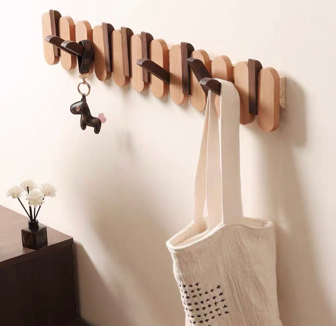 Wall rack in walnut and beech wood, flip down wall hook rack in natural walnut wood, piano rack hanger, wooden wall entryway organization