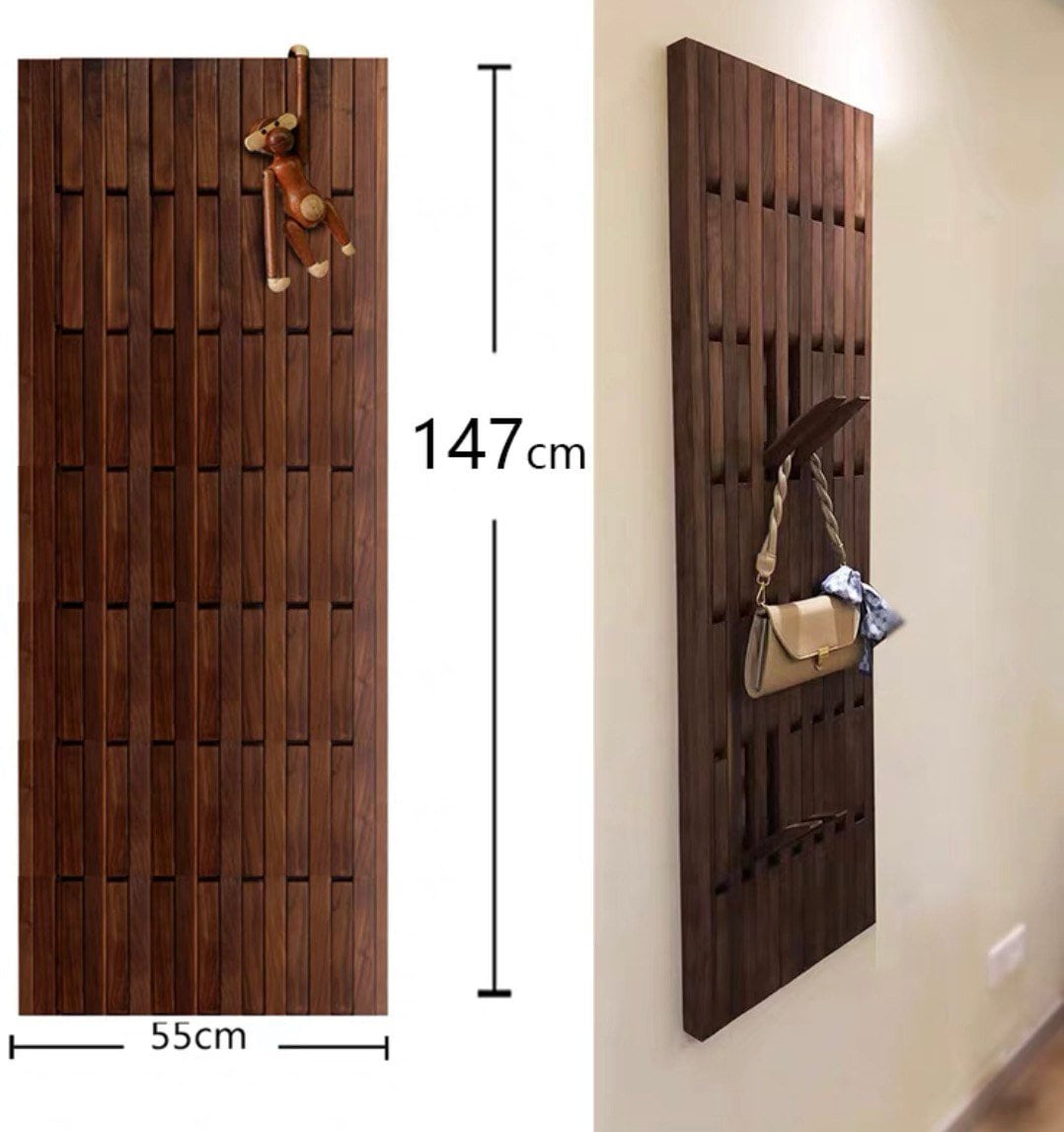 Walnut wood functional wall rack versatile wall-mounted organizer, wall storage solution, modern unique rack for the whole wall