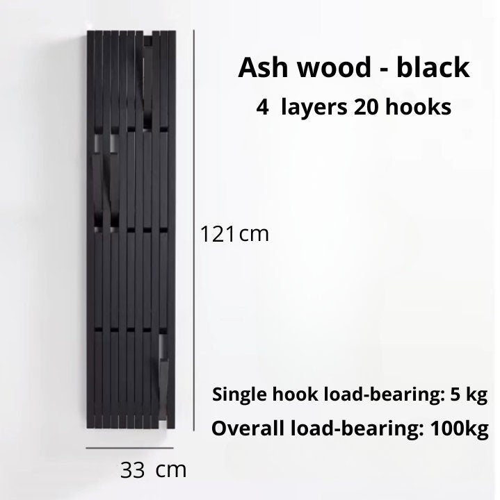 Black wood big wall rack, piano ash wood wall-mounted hanger, black wood coat hanger organizer, wall storage, garderobe wood rack