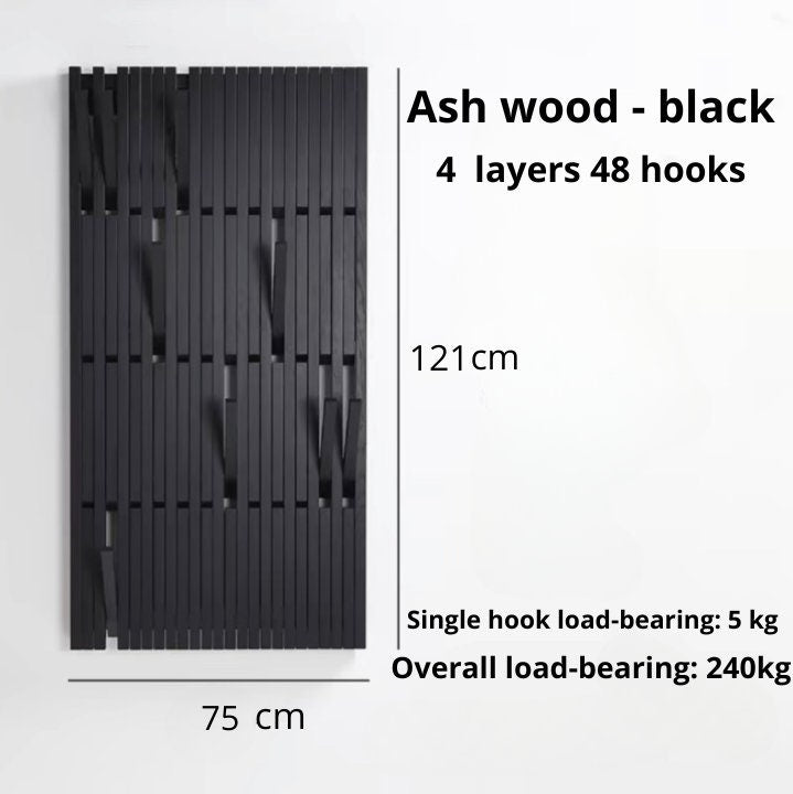 Black wood big wall rack, piano ash wood wall-mounted hanger, black wood coat hanger organizer, wall storage, garderobe wood rack