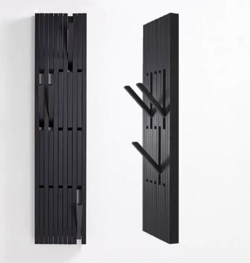 Black wood big wall rack, piano ash wood wall-mounted hanger, black wood coat hanger organizer, wall storage, garderobe wood rack