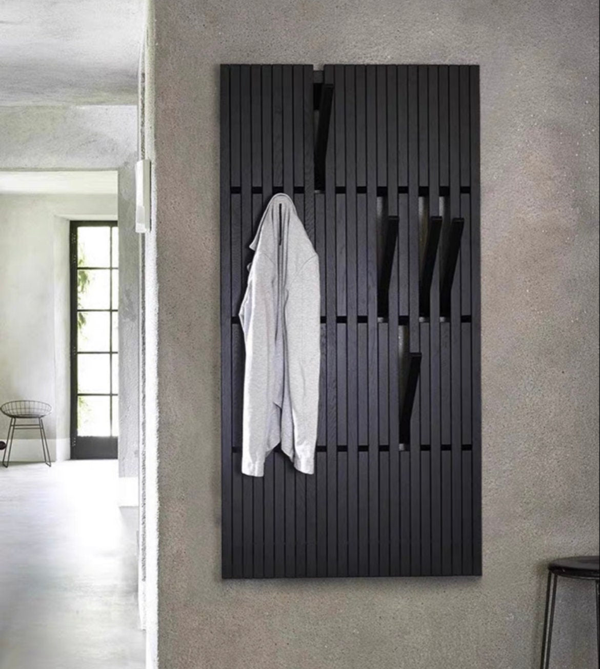 Black wood big wall rack, piano ash wood wall-mounted hanger, black wood coat hanger organizer, wall storage, garderobe wood rack