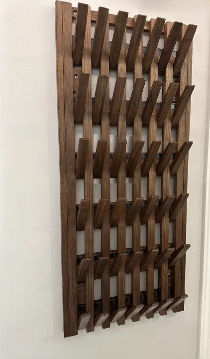 Walnut wood functional wall rack versatile wall-mounted organizer, wall storage solution, modern unique rack for the whole wall