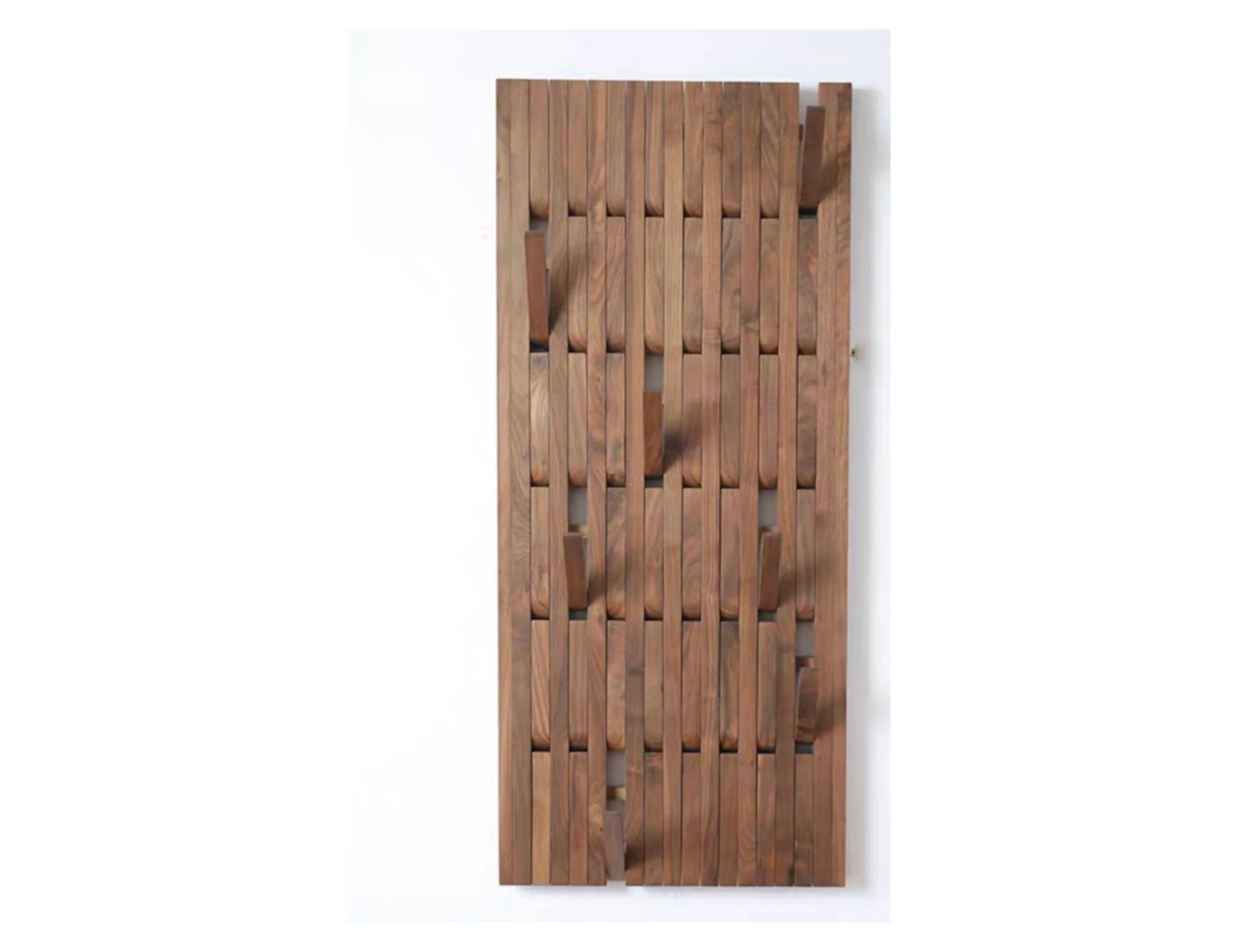 Walnut wood functional wall rack versatile wall-mounted organizer, wall storage solution, modern unique rack for the whole wall