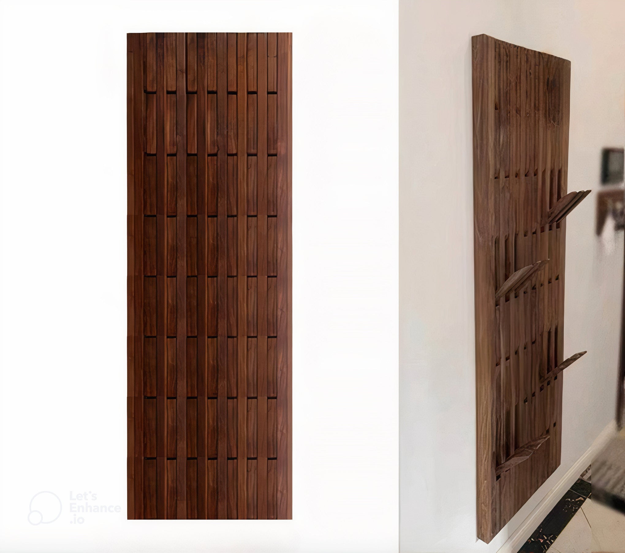 Walnut wood functional wall rack versatile wall-mounted organizer, wall storage solution, modern unique rack for the whole wall