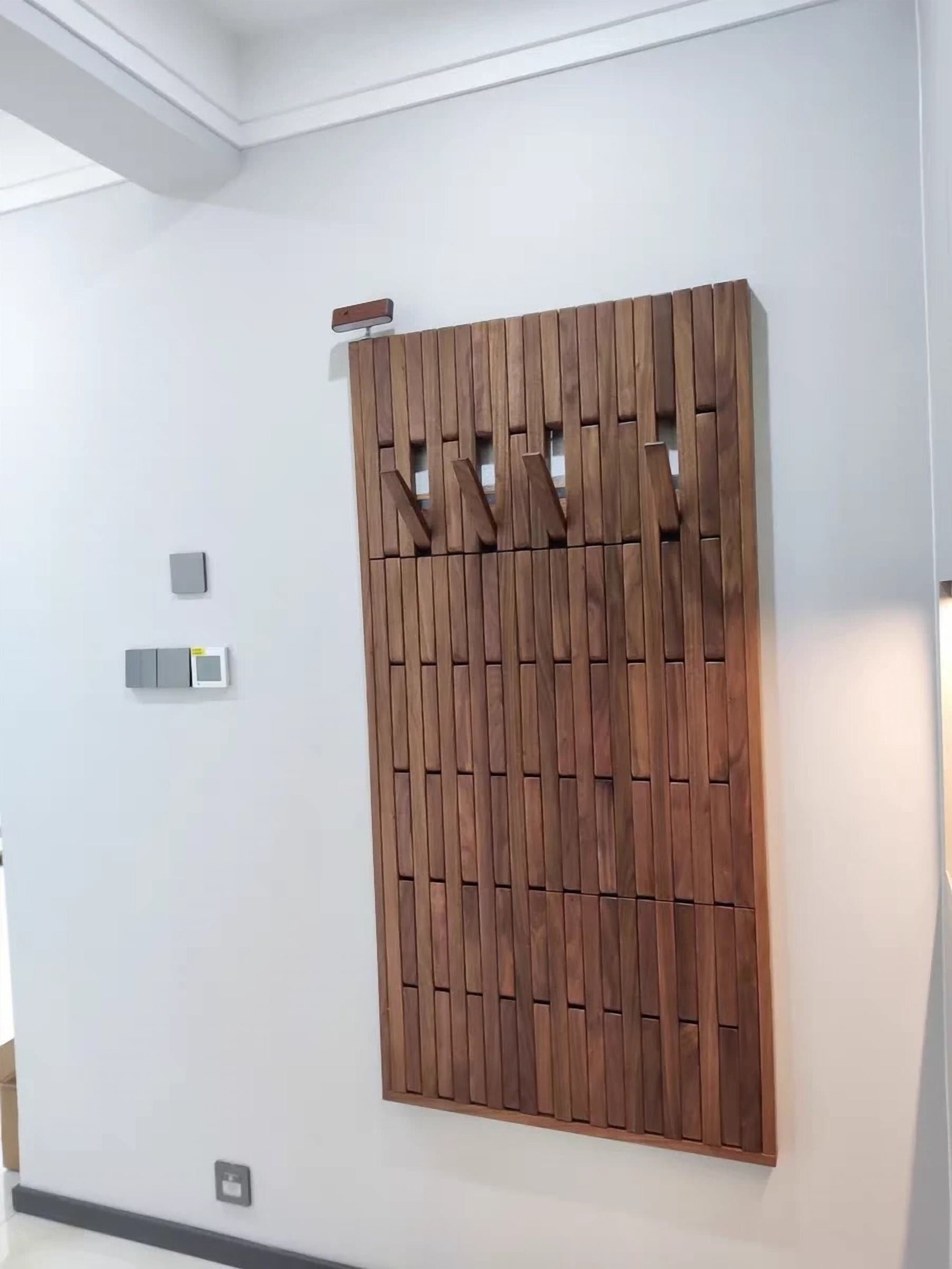 Walnut wood functional wall rack versatile wall-mounted organizer, wall storage solution, modern unique rack for the whole wall